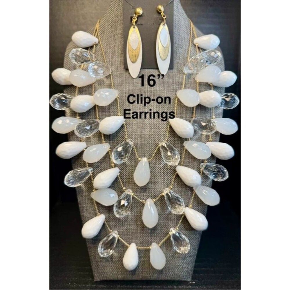 113. Multi-Strand White & Clear Faceted Teardrop Necklace & Clip-On Earrings